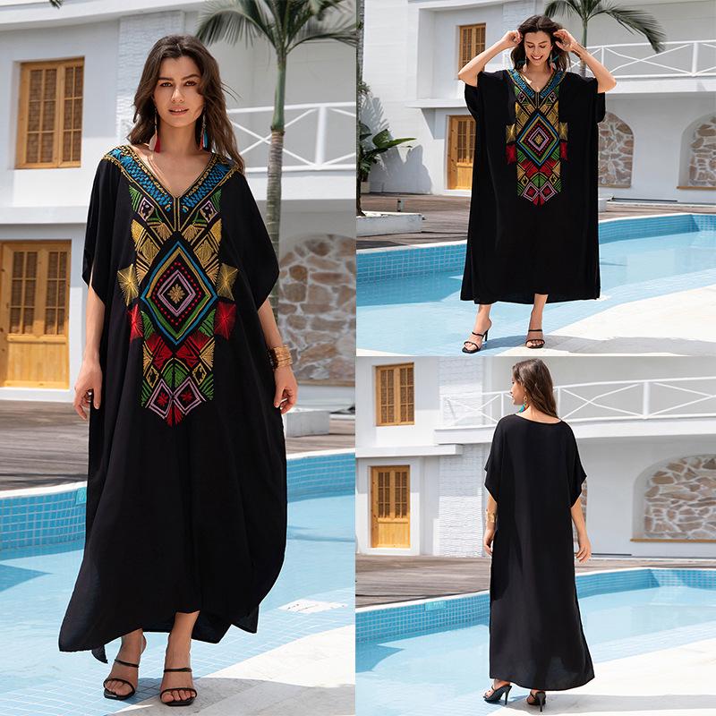 "European & American Embroidered Cotton Maxi Skirt: Women's Beach Sun Protection Robe"