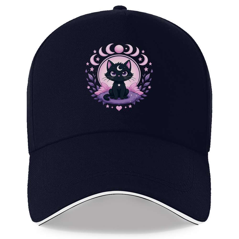 Cute Black Cat Moon Stars Aesthetic Trucker Hat Adjustable Polyester Casual Baseball Cap for Unisex