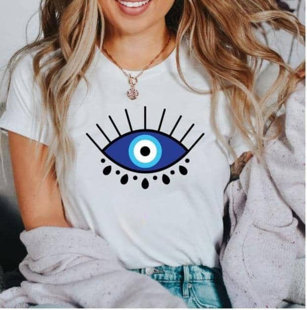 Devil's Eye Printed Tee Shirts 100% Cotton Womens Crop T-shirts O-Neck Short Sleeves Casual Loose Clothes Fashion Female Tops