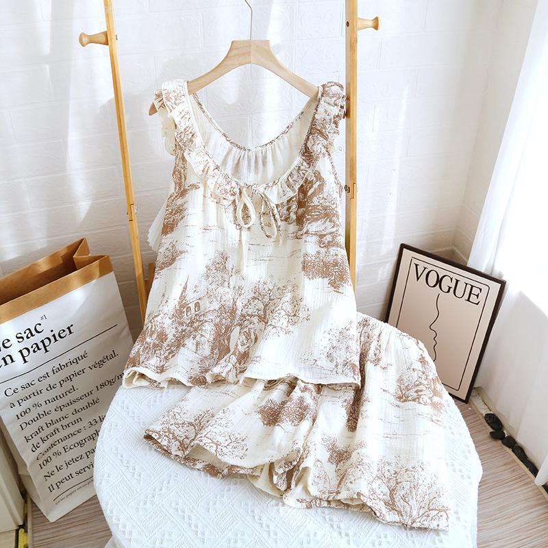 Spring and summer new loungewear pure cotton gauze Korean version floral series suspender shorts set breathable loose pajamas