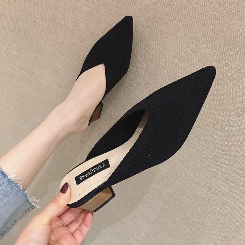2020 spring and summer new bag head half slippers women's flying woven mid-heel pointed Mueller shoes thick heel wear lazy cool slippers