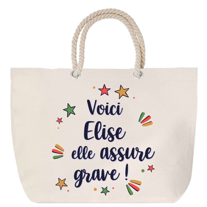 Sac de plage - PLANETEE - Elise - Message personnalisé 'Elise elle assure grave' - Grand format - Anse corde