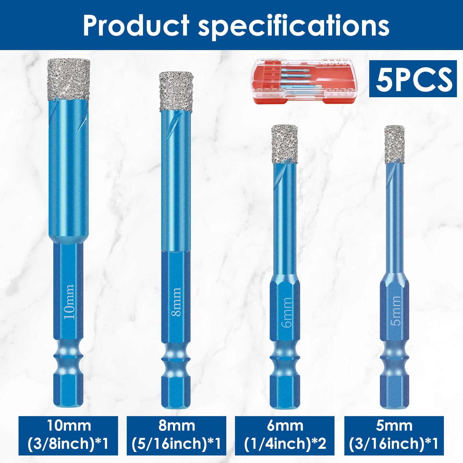 

5Pcs 5-10mm Diamond Tile Drill Bit Brazed Dry Ceramic Drill Bit for Glass Tiles Stone and Masonry Hole Opening Hexagonal