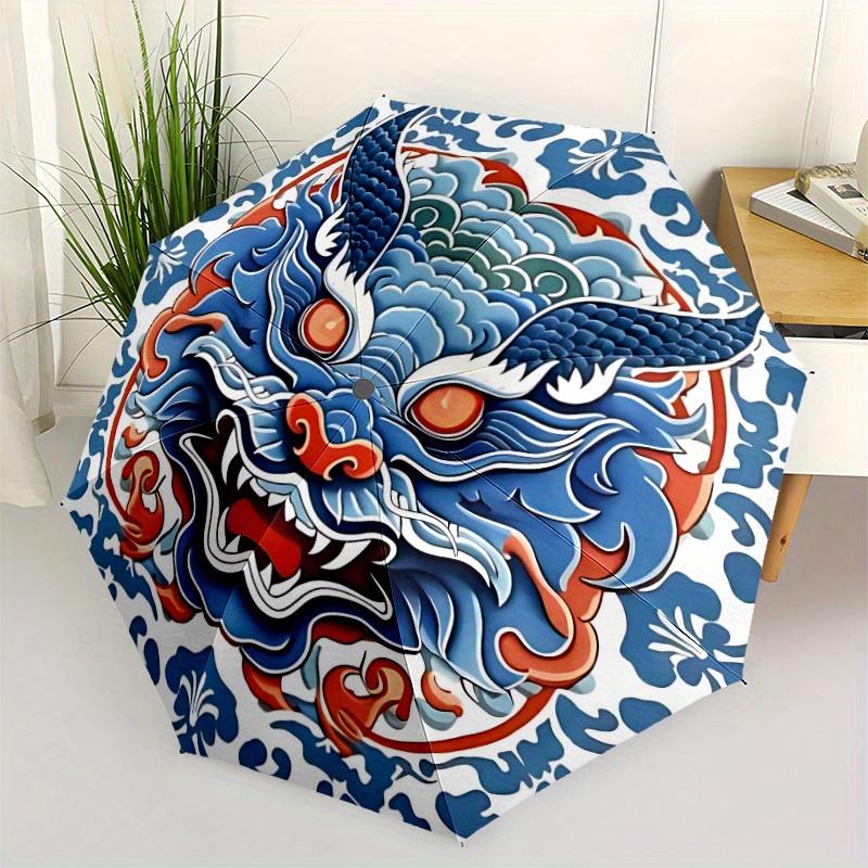 1pc Dragon Waves Automatic Open/close Folding Compact Umbrella, 8-Rib Sturdy Canopy, Lightweight Portable, Everyday Use, Gift, Outdoor Umbrella, Trave