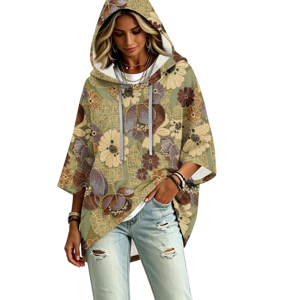 Women's Vintage Floral Print Hooded Pullover Top with Three-Quarter Sleeves for Casual Daily Wear