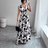 2026 European and American Women's Clothing, Standing Short-sleeved Lace-up Waist Dress, Printed V-neck Dress
