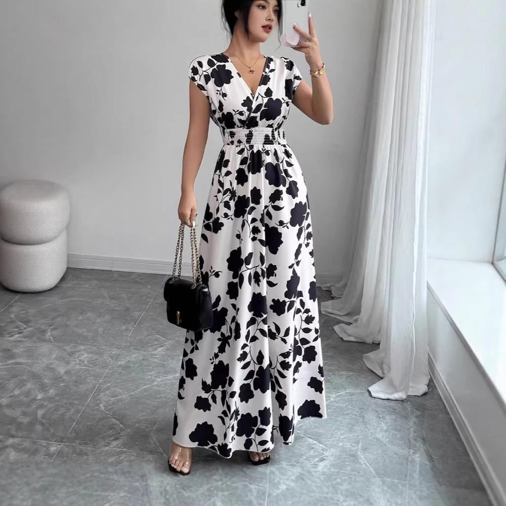 2026 European and American Women's Clothing, Standing Short-sleeved Lace-up Waist Dress, Printed V-neck Dress