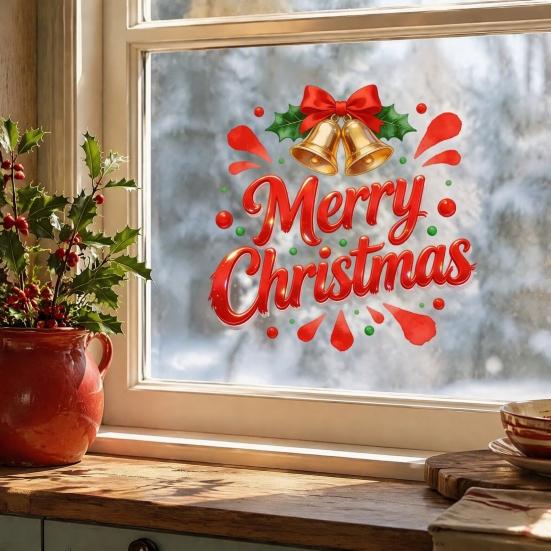 Festive Mirror Decorations Merry Christmas Static Glass Sticker, Window Decals with Bell Wall Stickers Elements, Removable Clings for Home Store