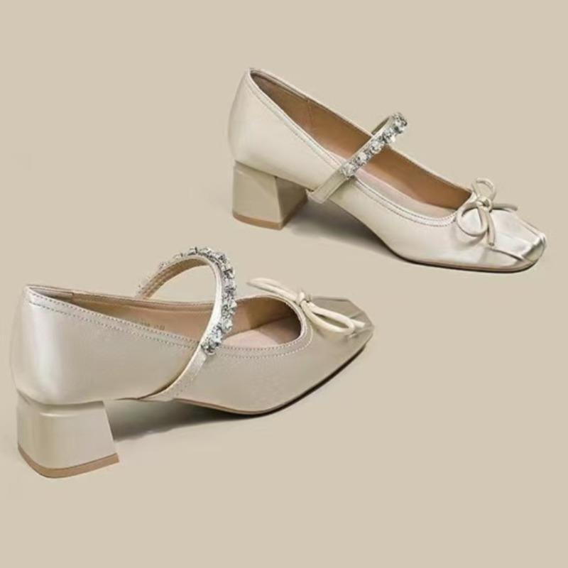 Fashion Women's Chunky Single Shoes Spring New Square Head Shallow Mouth Butterfly Knot Rhinobarrhinos with A Line with Mid-heel Shoes