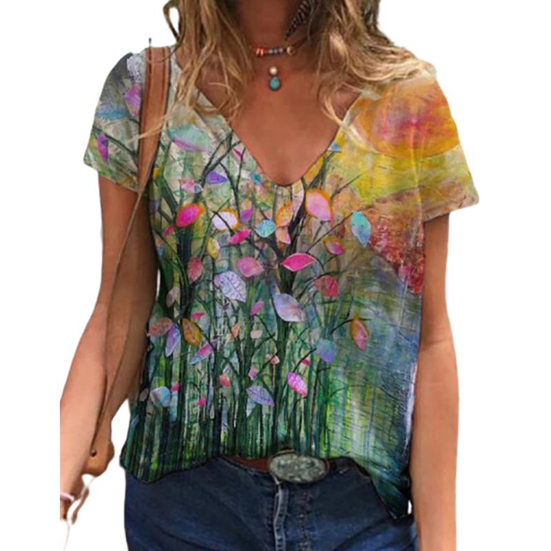 Fashion Spring  Dandelion Print Blouses Short Sleeved V-Neck T Shirts Casual