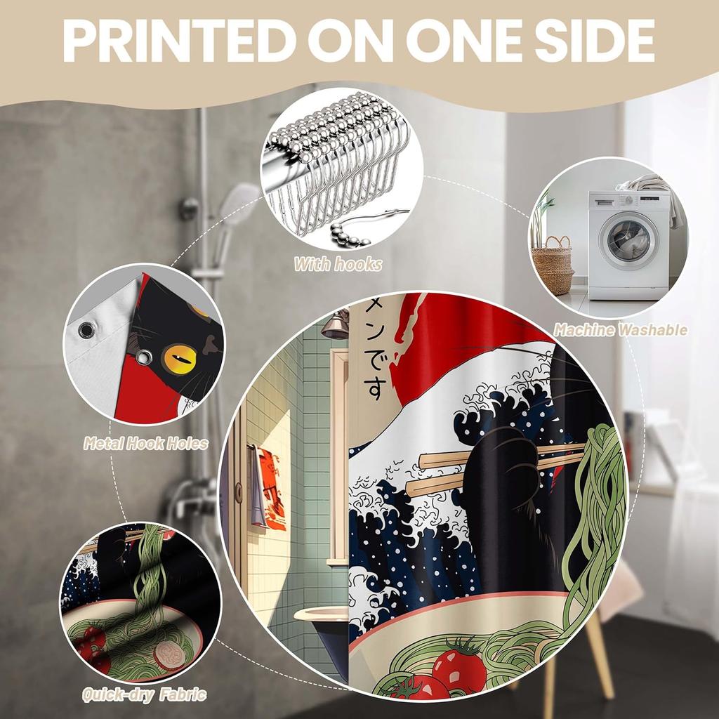 Japanese Shower Curtain Funny Black Cat Anime Wave Asian Shower Curtains for Bathroom Decor Sets, Waterproof Fabric with Hooks