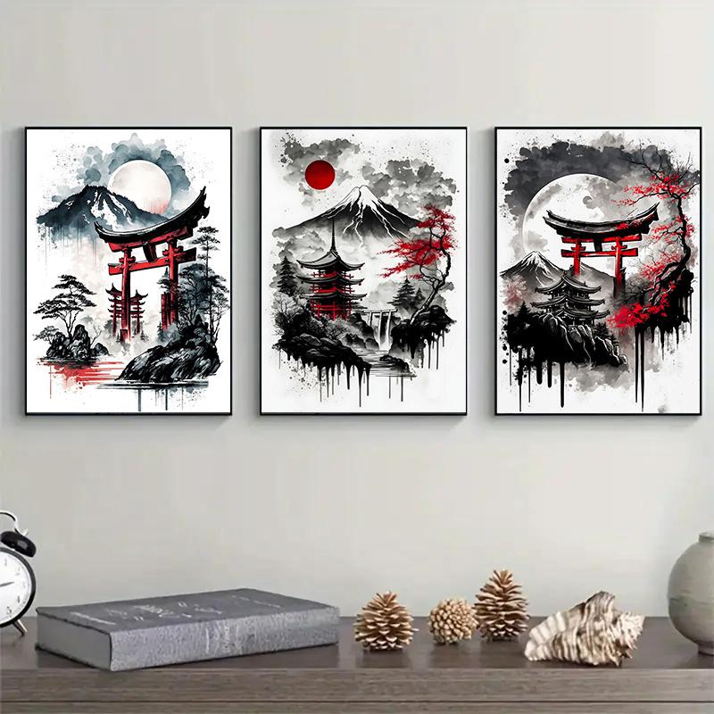 Landscape Canvas Painting Black And Red Posters Vintage Ink Art Wall Prints For Living Room Home 3pcs Frameless Japanese Natural