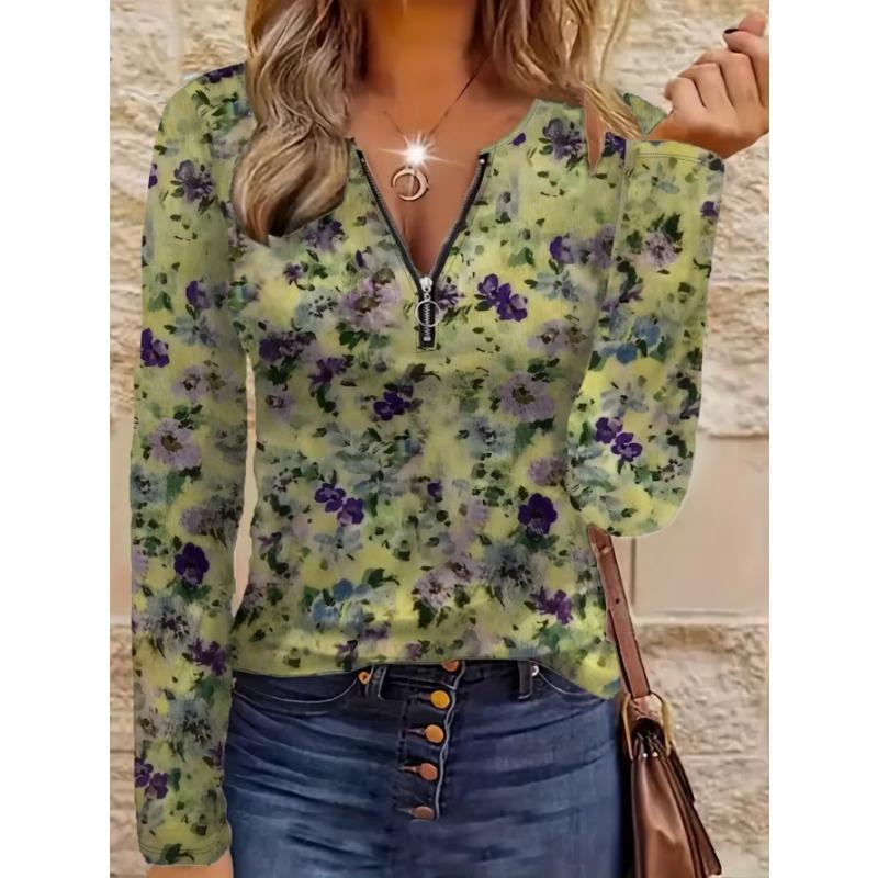 Women's Elegant Printed Zipper Long-sleeved Top, Stylish and Versatile for Autumn and Winter Casual and Office Wear, Machine Washable