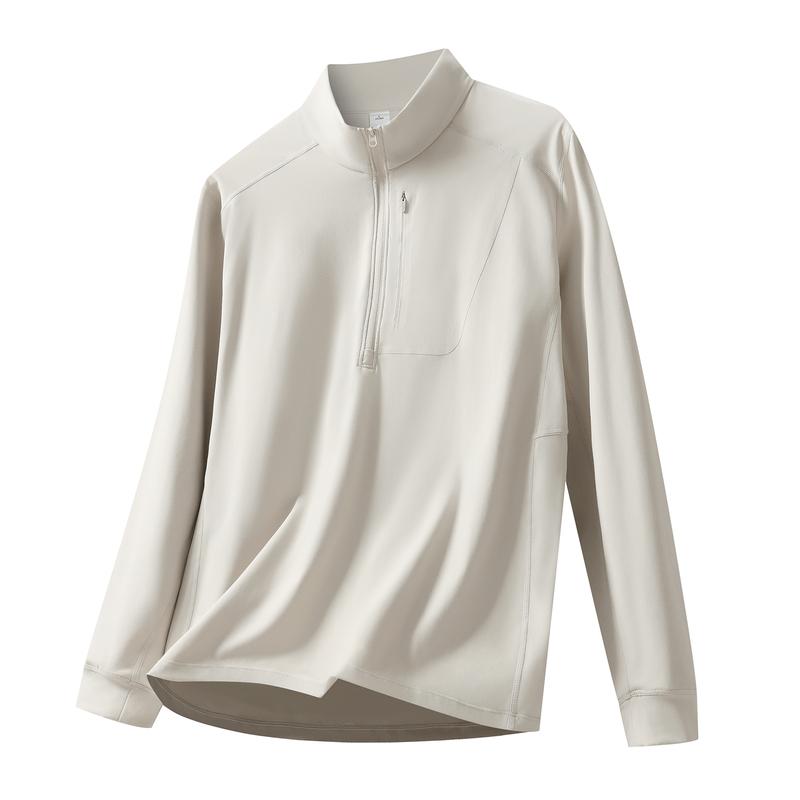 Men's Light Grey Quarter Zip Stand Collar Top, Casual Long Sleeve Quick Dry Shirt for Daily Wear