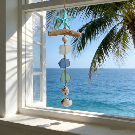 Sea Glass Wooden Nautical Wall Decor Handcrafted Starfish Shells Bathroom Hanging Decoration Beach Coastal Wall Art for Living Room Dining Room