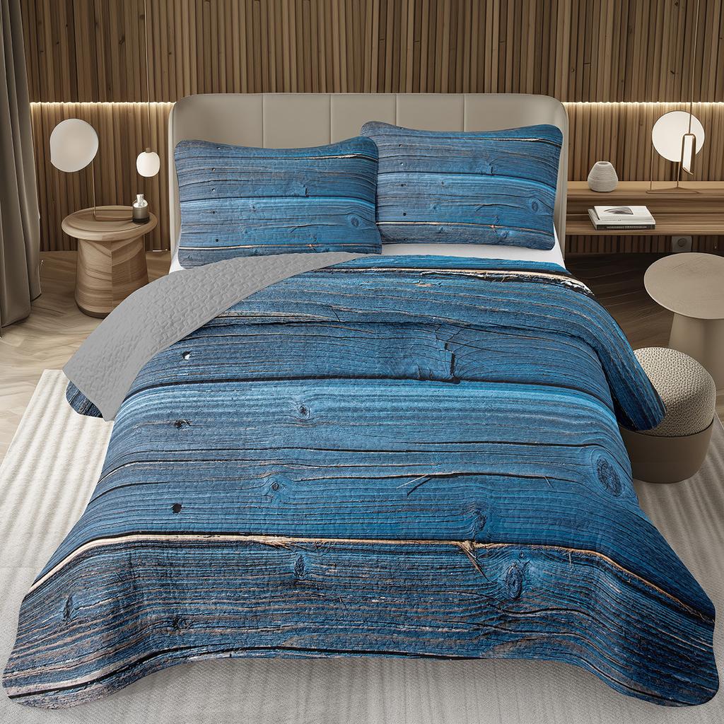 Wood Barn Door Bedspread Queen/Twin Wood Grain Quilted Coverlet Retro Rustic Farmhouse Bedding Set Reversible Grey Quilt Set