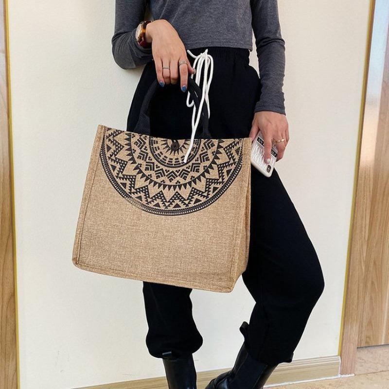 Ethnic Wind Linen Bag Female Korean Version Large Capacity Bucket Handbag Linen Single Shoulder Span Bag