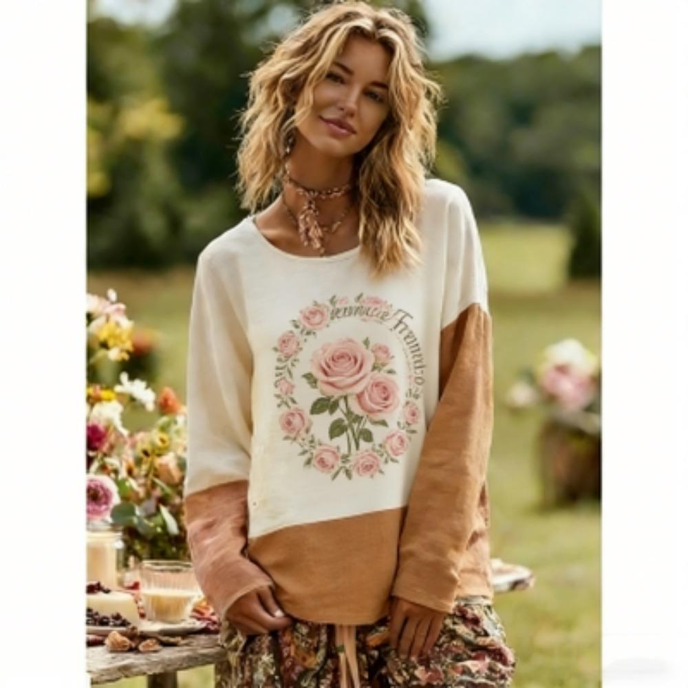 Spring Europe America Rose Flower Print Women's Tees Tops Fashion Street Women Long Sleeve Clothing Outdoor Casual T-shirt Pullover
