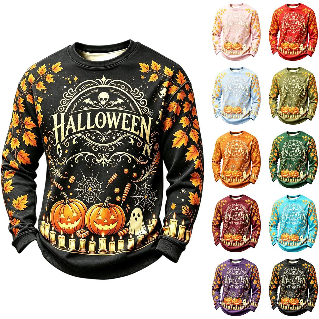 Men's Casual Round Neck Long Sleeve Top with Halloween Print