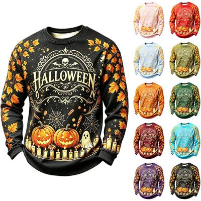 Men's Casual Round Neck Long Sleeve Top with Halloween Print