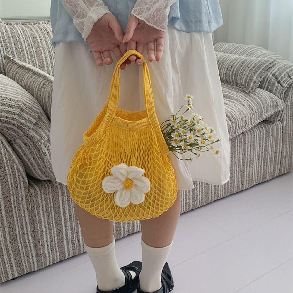 Large Capacity Hollow Out Weave Bag Flower Nylon Mesh Tote Bag Foldable Woven Handbag Shopping Bag