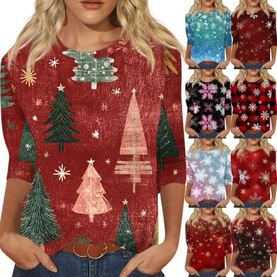 Women's Fashion Casual Christmas Tree Printed Round Neck Three-Quarter Sleeve T-Shirt Top