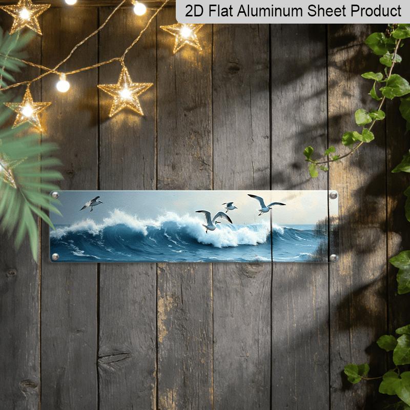 2D Flat - Sign of Seagulls Flying Over Ocean Waves - Rustic Coastal Aluminum Decorative Sign, Vintage Style 3.9X15.7 Inch, No Electricity Required