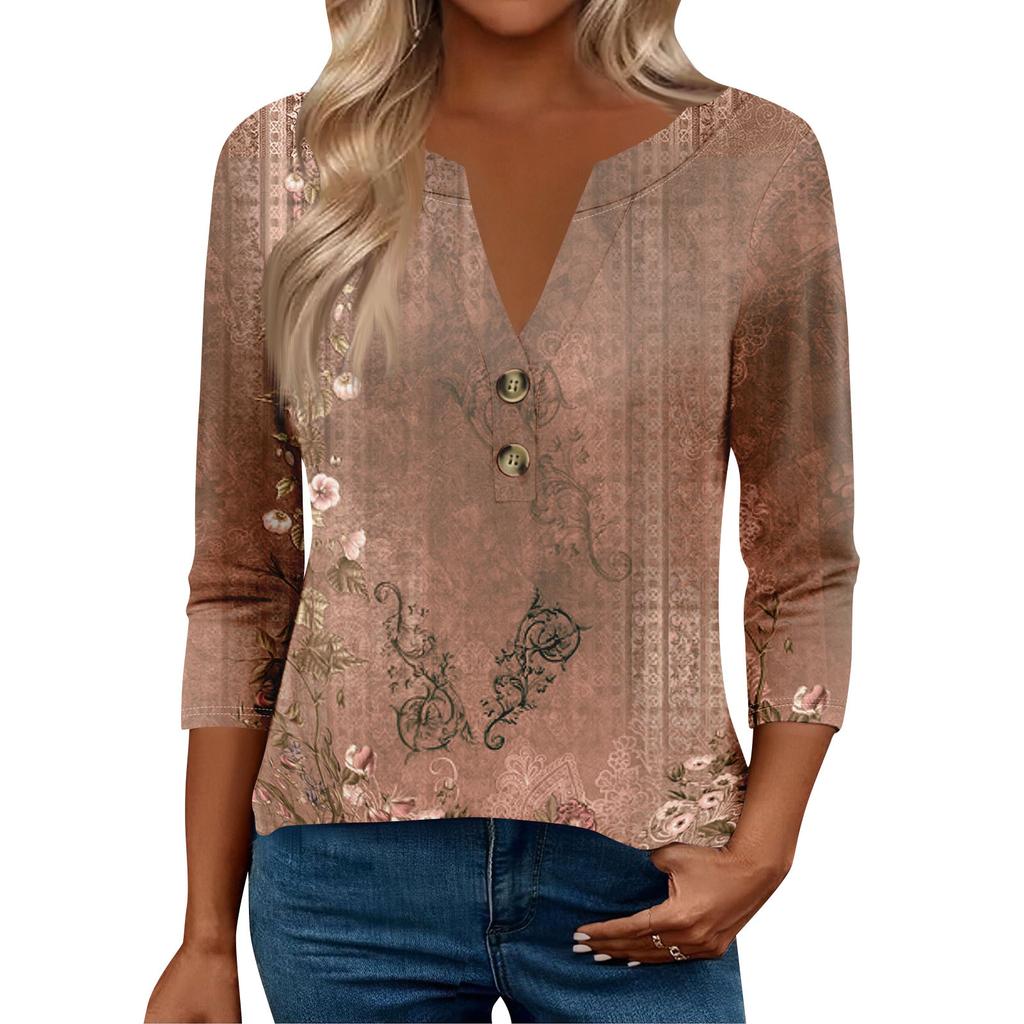 3/4 Ermer Dames Topper For Kvinner Henely Topper Knapper V-hals Løs Passform Pyntet Damesommertopper