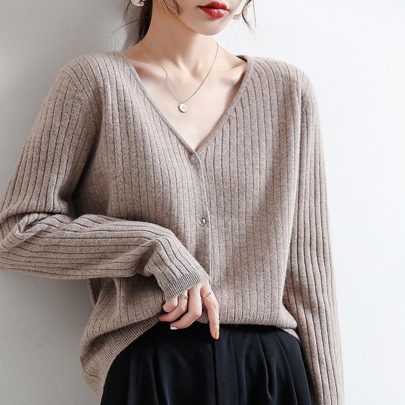 Women's V Neck Ribbed Knit Cardigan Thin Single Breasted Loose Slim Long Sleeve Knitwear Coat for Spring Autumn