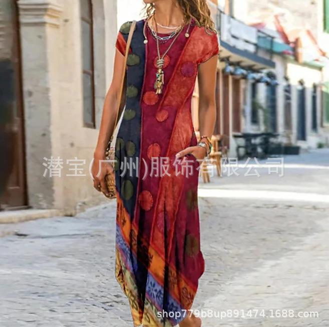 New European and American women's clothing summer round neck pocket printed dress