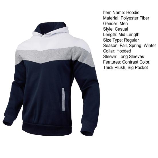 Men Fall Winter Hoodie Colorblock Drawstring Thick Plush Long Sleeves Big Pocket Hooded Retro Thin Loose Daily Wear Casual Sport Top