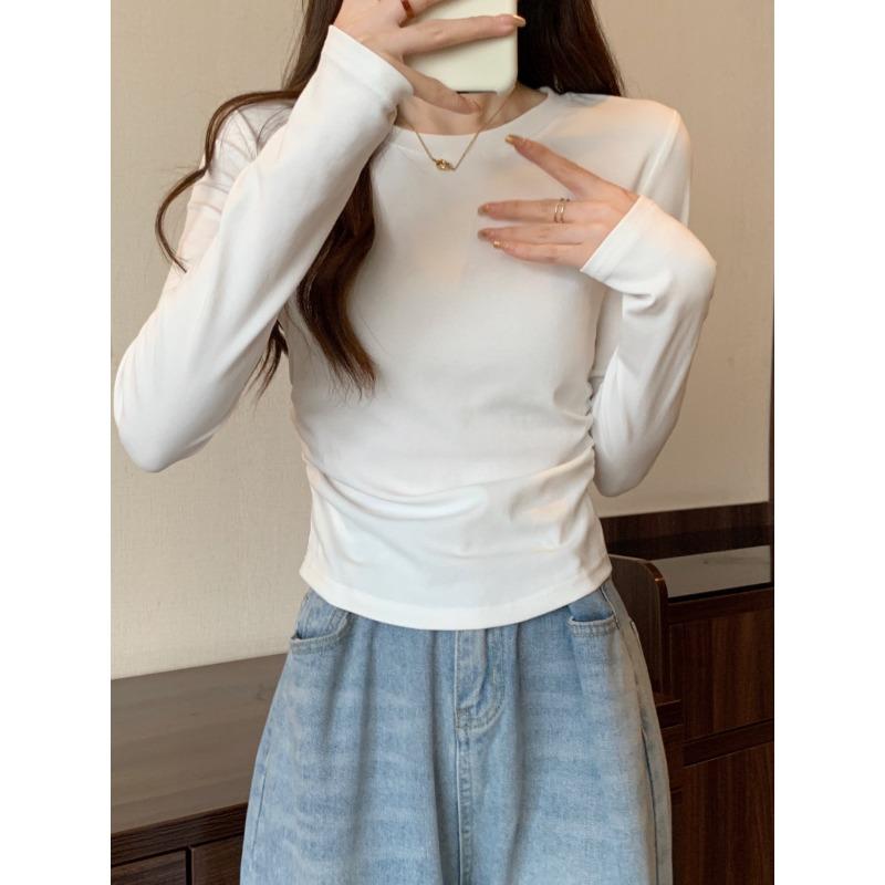 Simple slim-fitting and thin T-shirt top, spring pleated card waist long-sleeved women's inner bottoming shirt