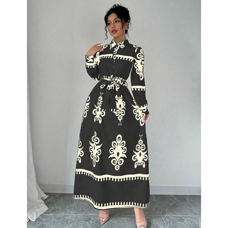 Mote Vintage Langermet Løse Hverdagskjoler Dame Knapper Revers A-linje Trykket Skjortekjole Dame Høy midje Snøring Lang Kjole Vår Ny 25892