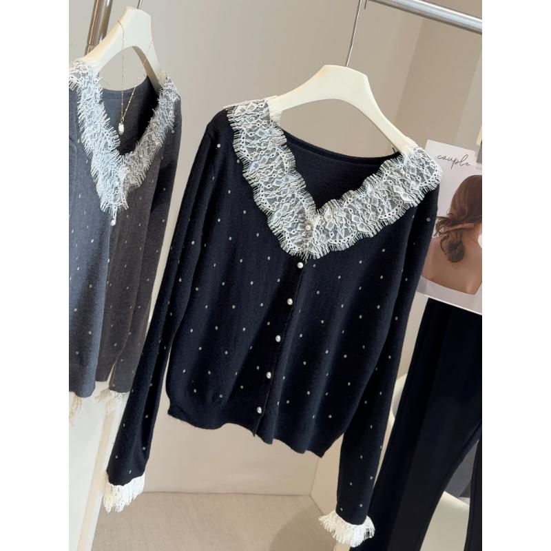 Lace Spliced V-neck Polka Dot Sweater Women's Cardigan Sweater Spring and Autumn Design Short Top Base Shirt
