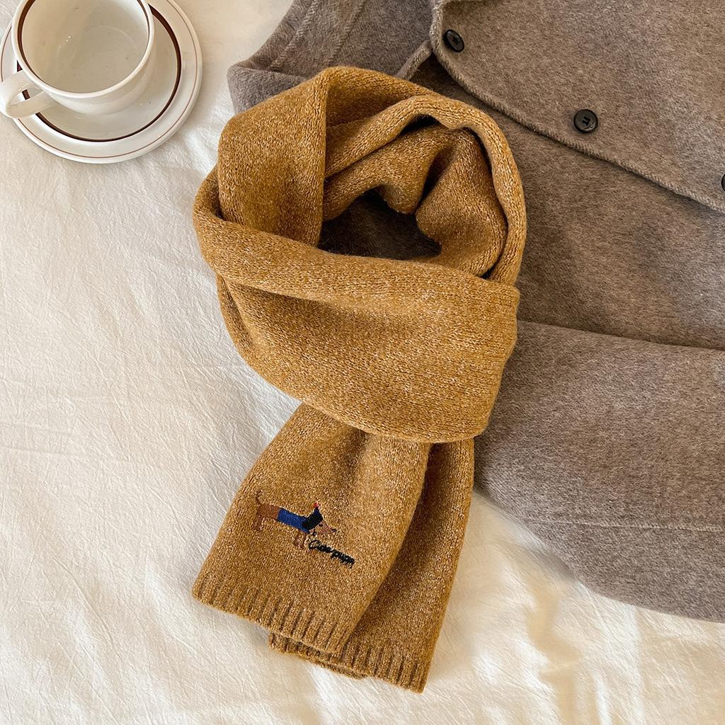 New Autumn and Winter Knitted Wool Scarf for Women Korean Version Versatile Embroidered Dachshund Woolen Neck Scarf Thickened Warm Scarf
