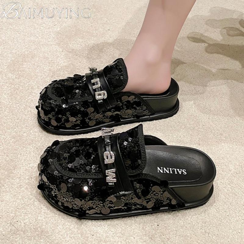 Bling Platform Mules Slippers Women Flat Sandals Casual Loafers Shoes Woman 2025 Trend Comfort Elegant Dress Summer Slides Mujer