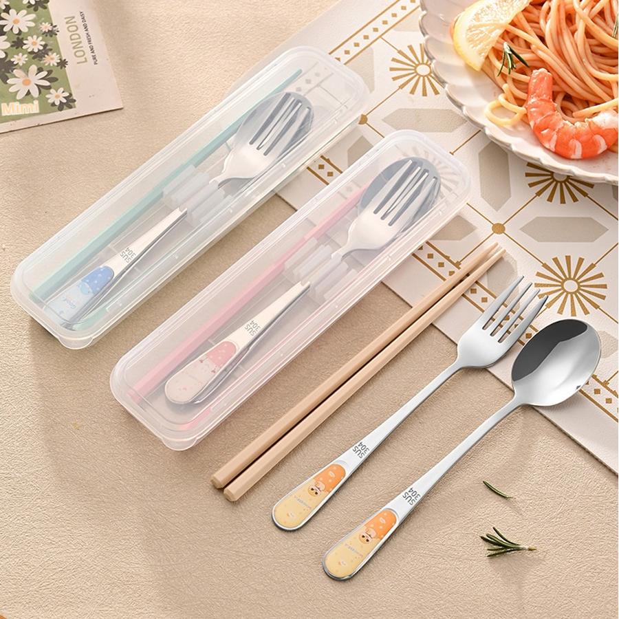 Edelstahl Besteckset Tragbarer Löffel Essstäbchen mit Box Reise Studenten Geschirrset Niedliches Cartoon Tiermuster