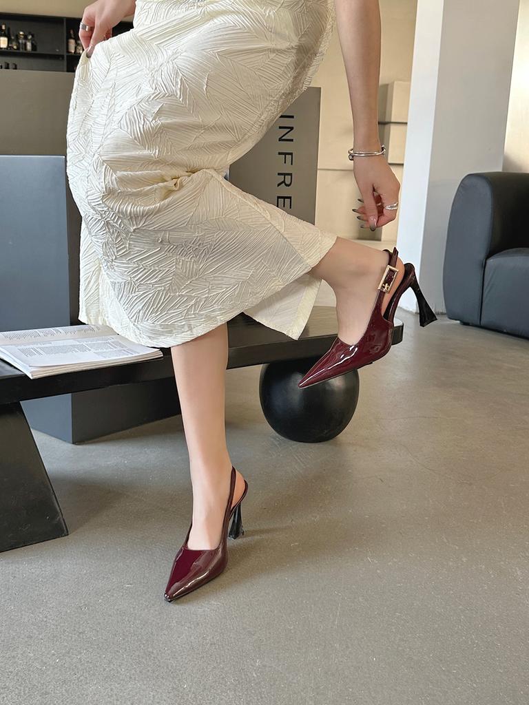 fashion Pointed Toe Women Sandals Patent Leather Summer Dress Shoes Thin High Heels 2024 New Arrivals Belt Buckle Sandals Mules 35-39