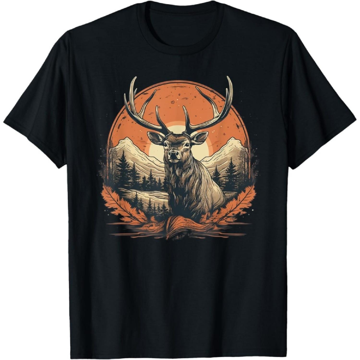 Vintage Elk Design with Sunset Background for Retro Lovers T-Shirt S