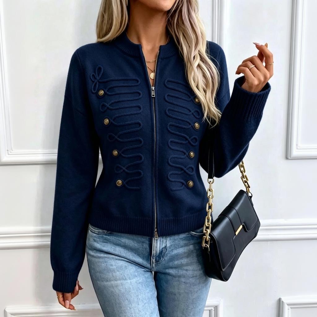 Women's Vintage Button Front Knit Cardigan Round Neck Zip-Up Slim Fit Sweater Jacket