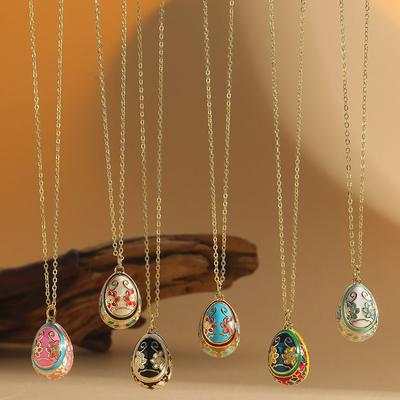 Fashion Bohemia Style Colorful Enamel Pendant Zircon Floral Easter Egg Pendant Oval Jewelry Accessories Necklace Pendant Women