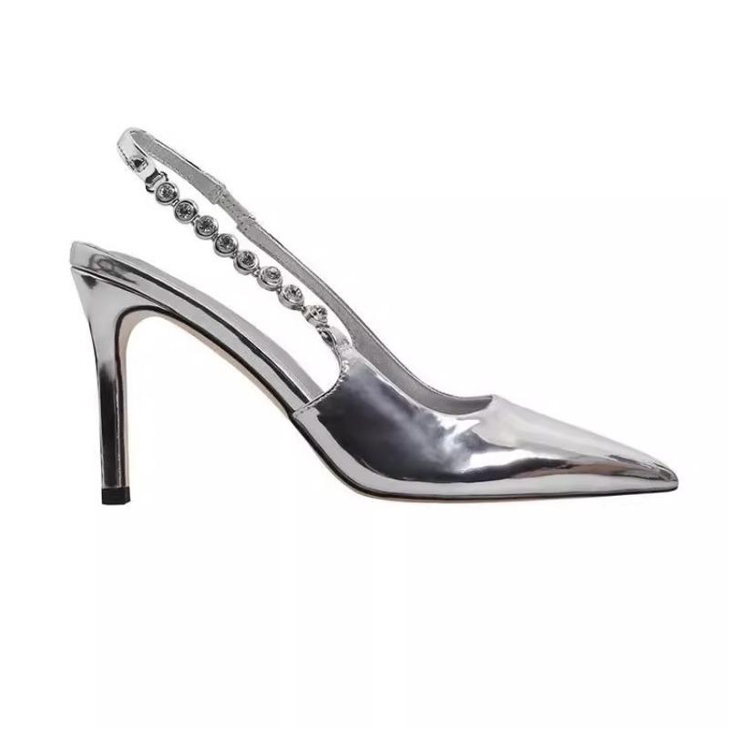 New pointed head shallow mouth rhinestone patent leather silver high heels women's fine heel versatile professional word with bag head sandals summer