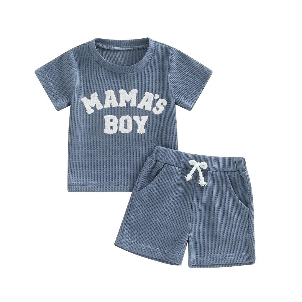 Baby Boy 2 Piece Waffle Outfits, Round Neck Short Sleeve Letter Embroidery Tops + Elastic Waist Shorts Toddler Mother's Boy Set