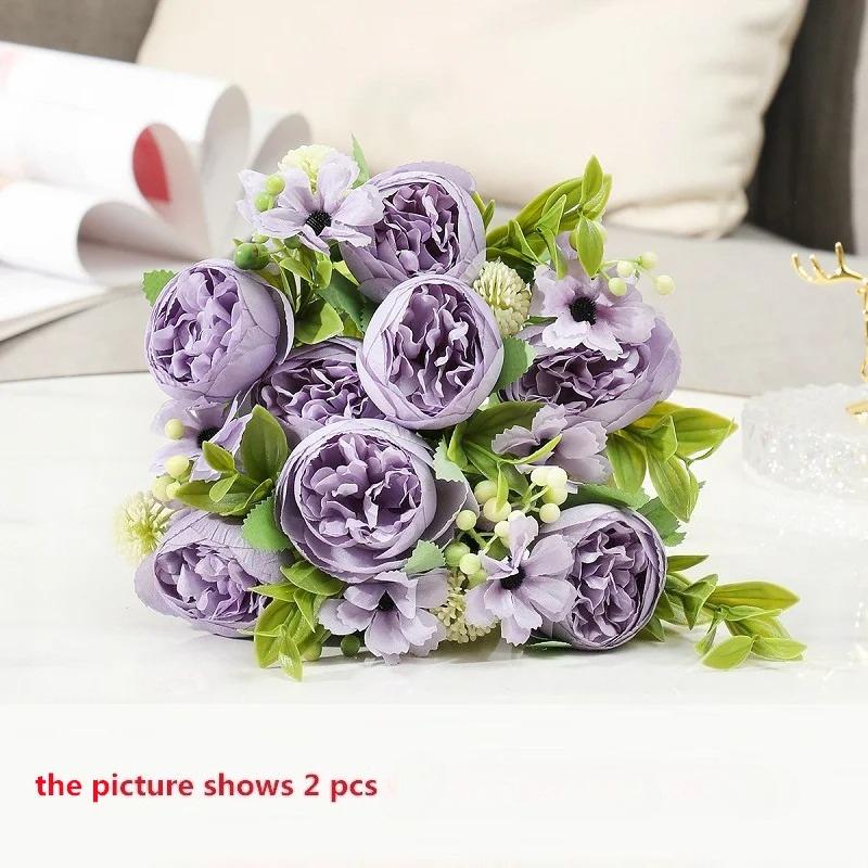Green Aloes 2pcs Wedding Pink Peony Daisy Bouquet Artificial Flowers Simulation Chogori Peonies Silk Fake Flower Hall Decorative