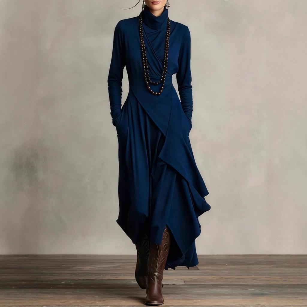 Women's Spring/Autumn High Neck Long Sleeve Solid Color Cross Dress, EU Size 2025.