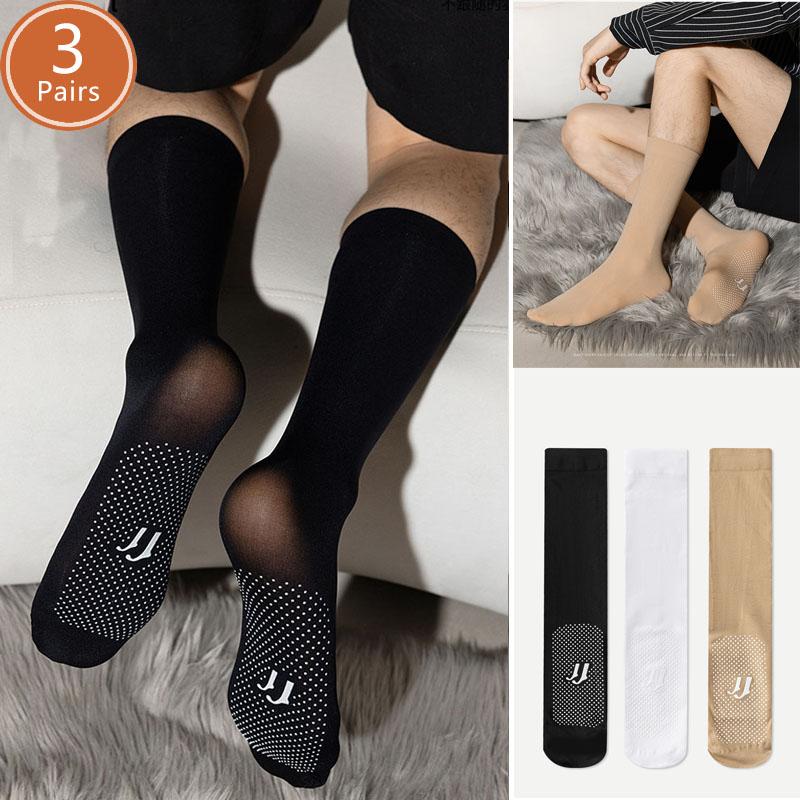 3 Pairs Man Silk Socks Long Business Thin Nylon Non-Slip Breathable High Tube Below Knee Calf Formal Wear Crew Socks Gentleman