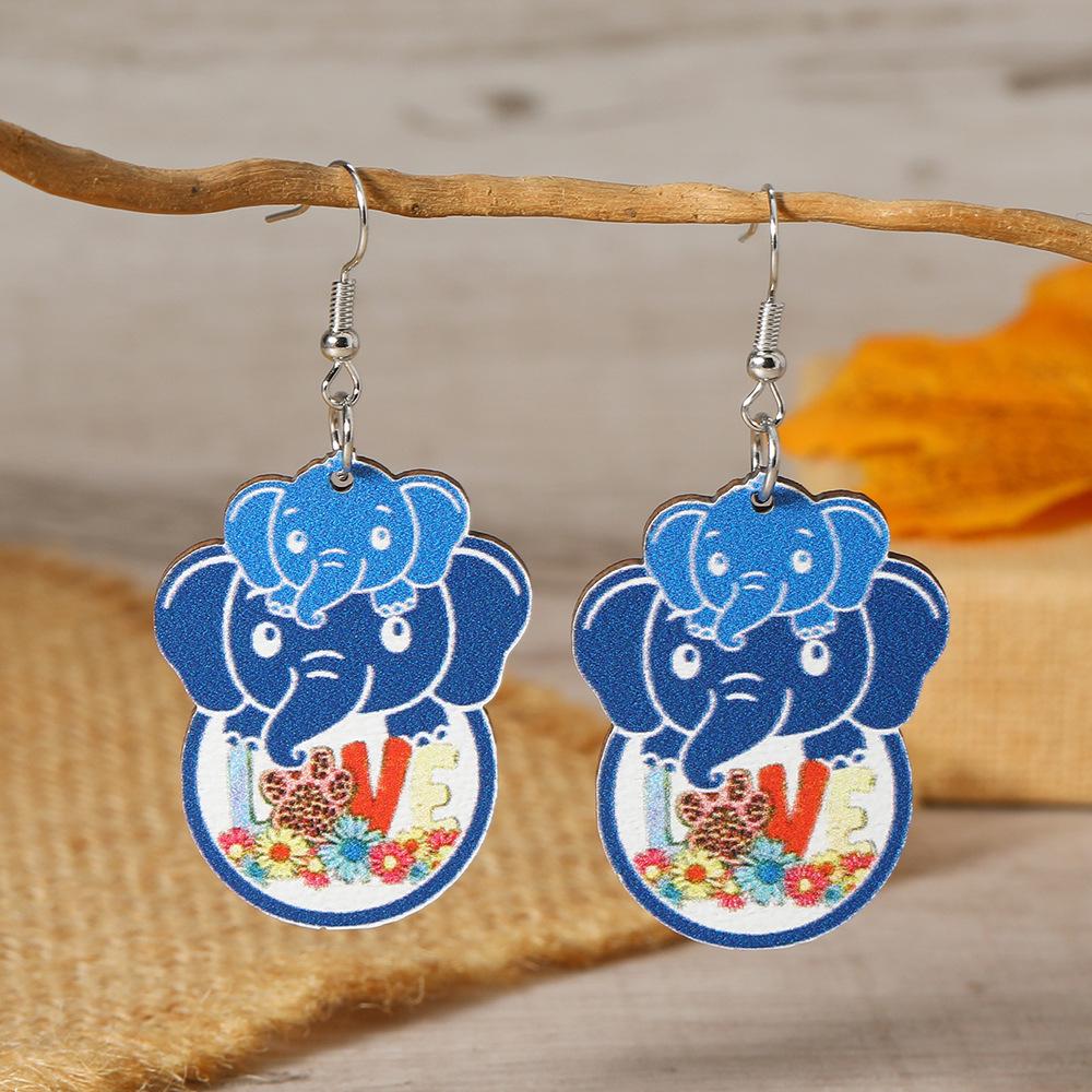 Retro Fun Geometric Elephant Pattern Wooden Earrings