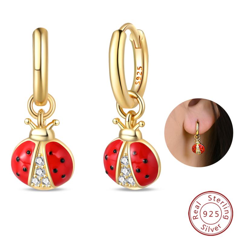 100% 925 Silver Colorful Butterfly Ladybug Rose Bow Pendant Earrings For Women Fashion Anniversary Party Jewelry Gifts