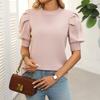 Tops de Punto para Mujer Cuello Redondo Manga Corta Abullonada Color Sólido Tops de Verano Transpirables