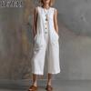 Women's Fashion Casual Summer Spring Solid Color Print Sleeveless O-Neck Loose Waistline Trousers Jumpsuits & Rompers